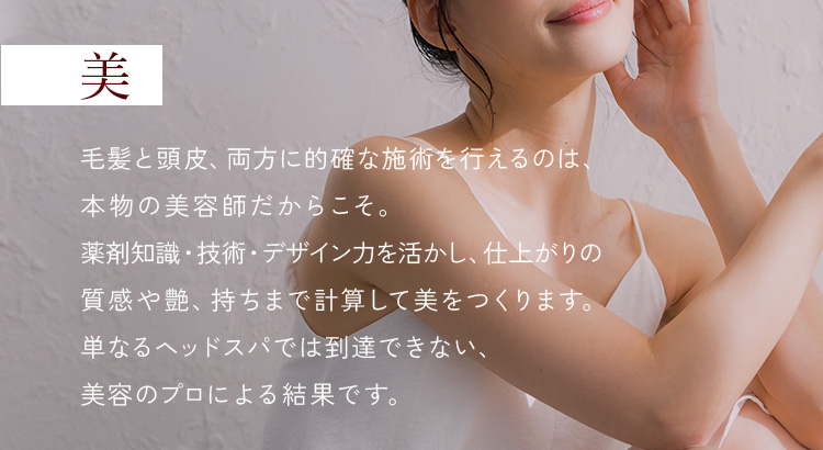 美 - 毛髪と頭皮、両方に的確な施術を行えるのは、本物の美容師だからこそ。薬剤知識・技術・デザイン力を活かし、仕上がりの質感や艶、持ちまで計算して美をつくります。単なるヘッドスパでは到達できない、美容のプロによる結果です。