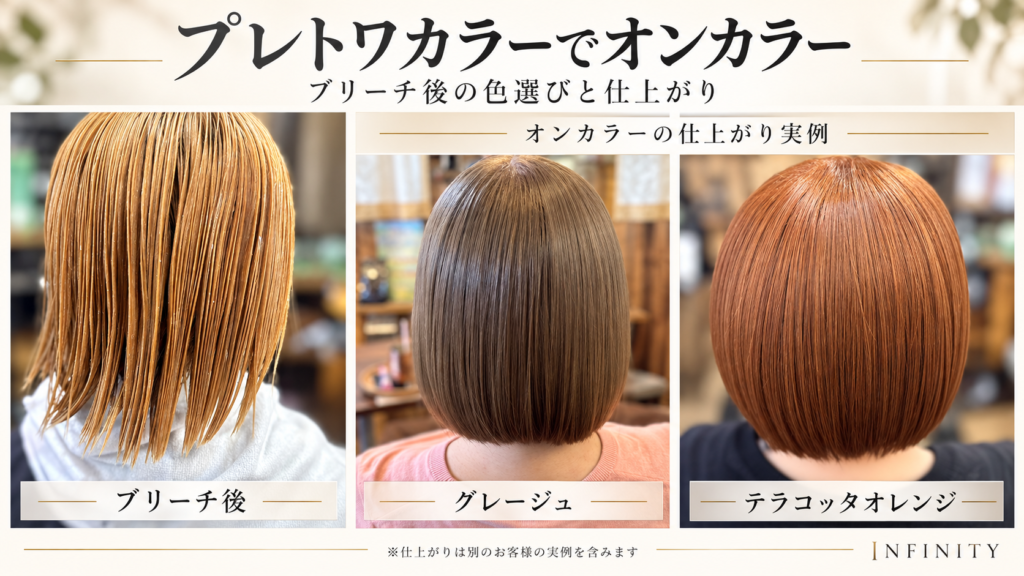 ブリーチ後の髪と、プレトワカラーによるグレージュ・テラコッタオレンジのオンカラー仕上がり実例