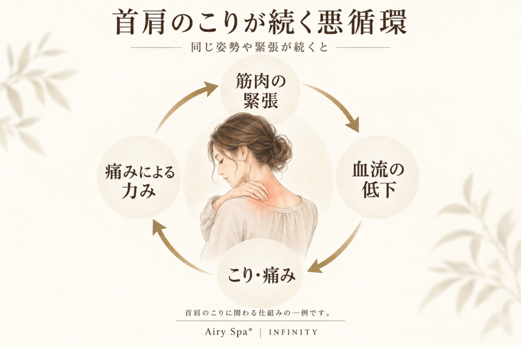 筋肉の緊張、血流の低下、こり・痛み、痛みによる力みが循環する様子を示した説明図