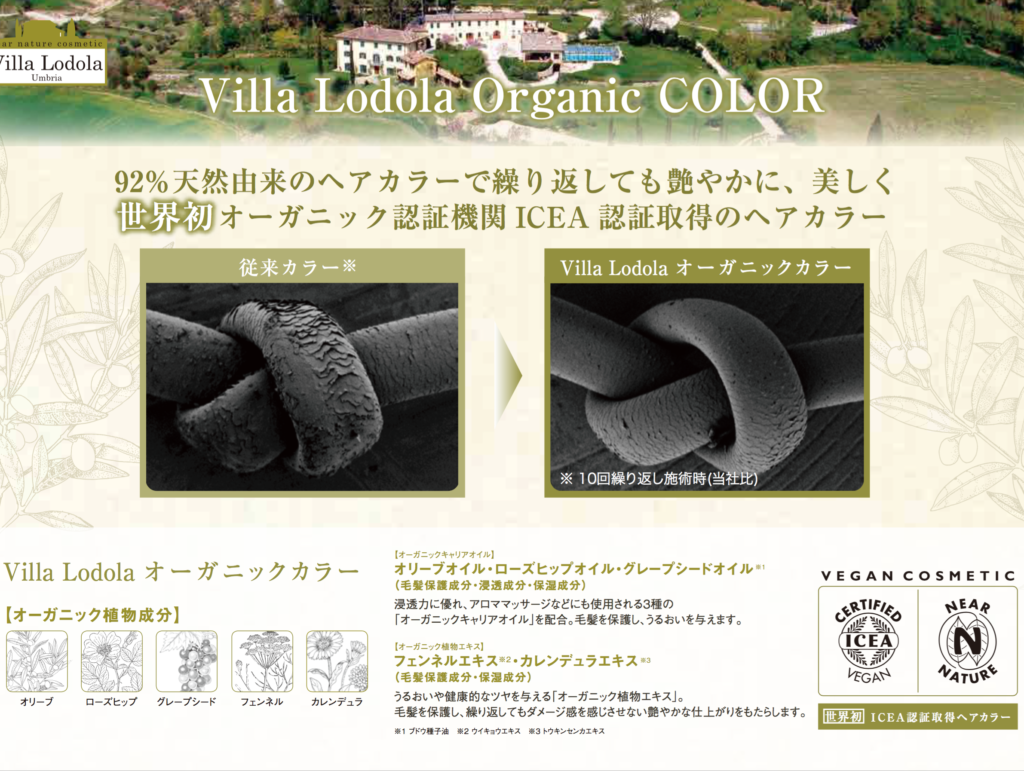 ヴィラロドラカラーに配合されたオリーブ・ホホバ・ヒマワリ由来のオーガニックキャリアオイル