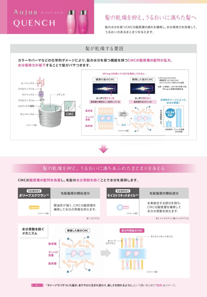 オリーブスクワランとモイストリキッドオイルによるクエンチの毛髪補修イメージ
