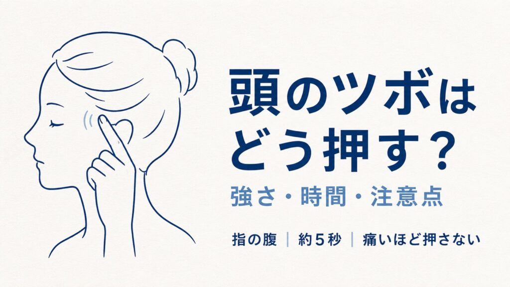 頭のツボを指の腹で約5秒やさしく押す方法と注意点を示すセルフケア図