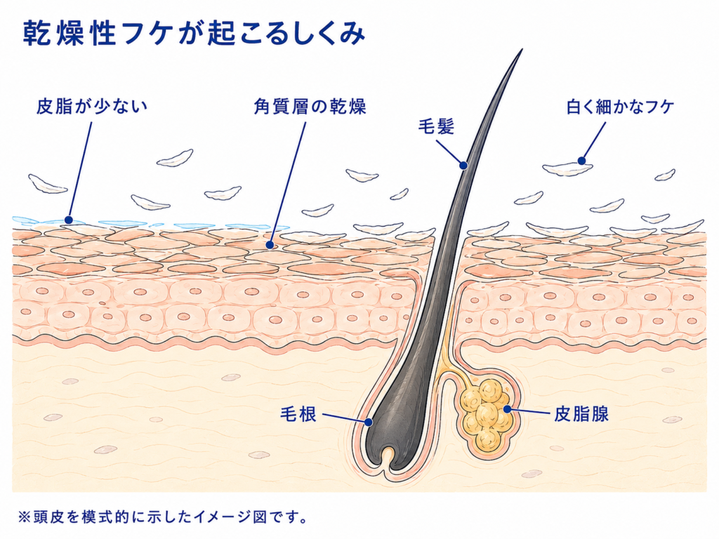 皮脂の減少と角質層の乾燥によって白く細かな乾燥性フケが生じるしくみ