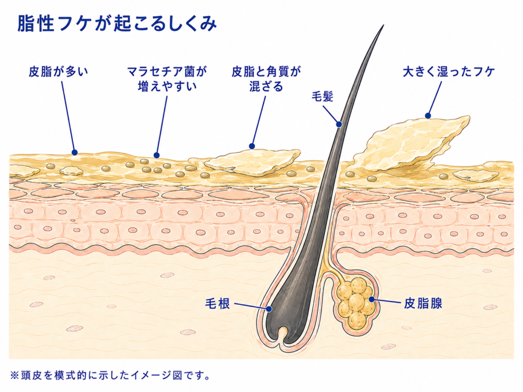 皮脂が多い頭皮で角質と皮脂が混ざり湿った脂性フケが生じるしくみ