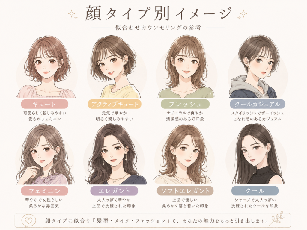 ミルボン認定デザインロジックソムリエが骨格・顔立ち・髪質・なりたい印象から似合うヘアデザインを考える図