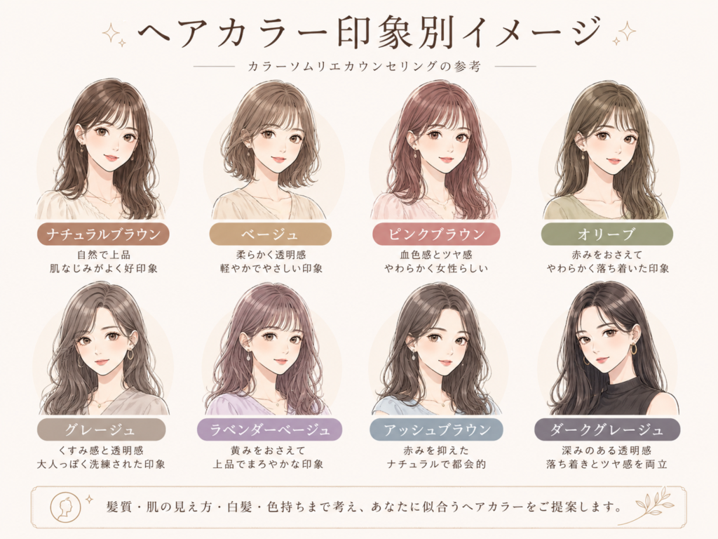 ミルボン認定ヘアカラーソムリエが髪質・肌の見え方・白髪・色持ちまで考えて提案するヘアカラー印象別イメージ図