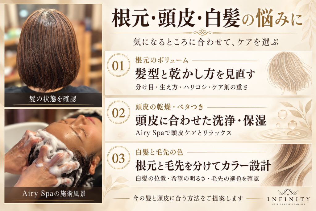 INFINITYの髪の状態確認とAiry Spaの施術写真を使い、根元のボリューム・頭皮の乾燥やベタつき・白髪に合わせたケアを紹介する図