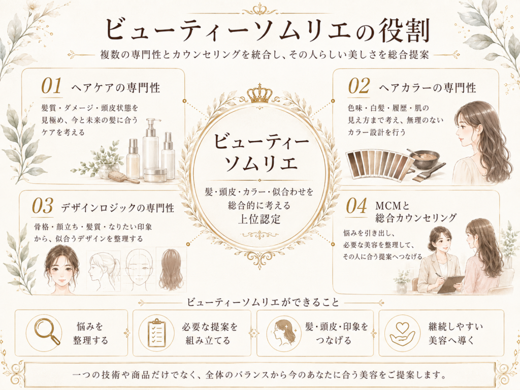 ミルボン認定ビューティソムリエがヘアケア・ヘアカラー・デザインロジックとMCMを統合し、美容を総合提案する役割図