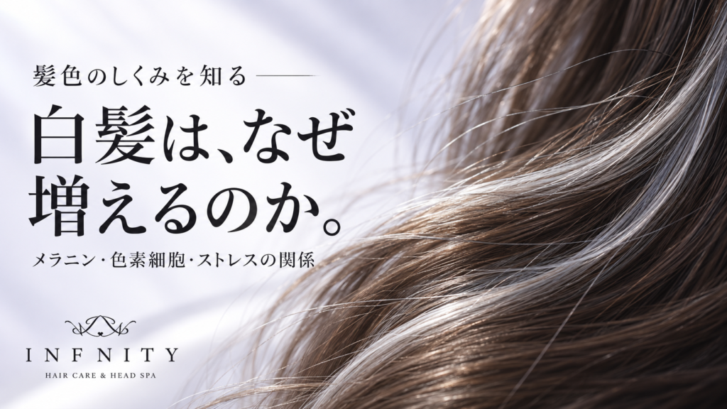 黒髪に白い髪が混ざるイメージと「白髪は、なぜ増えるのか。」の文字を配したINFINITYのアイキャッチ