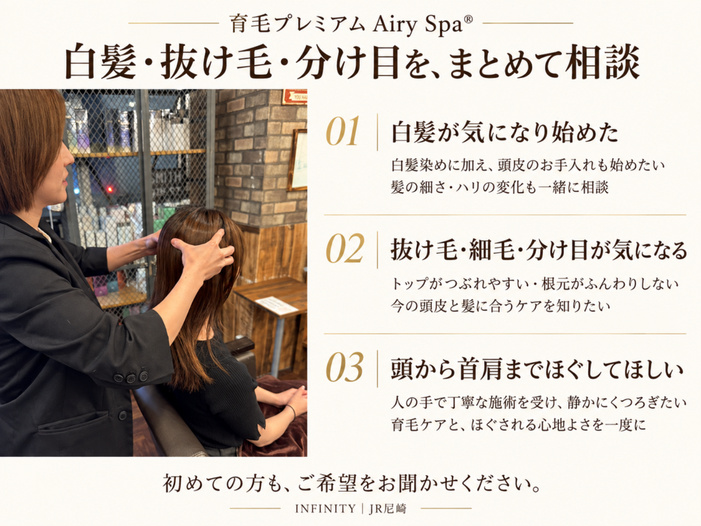 頭皮と髪を確認する施術写真と、白髪の出始め・抜け毛や分け目の悩み・首肩までほぐしてほしい方への育毛プレミアム Airy Spa®の案内