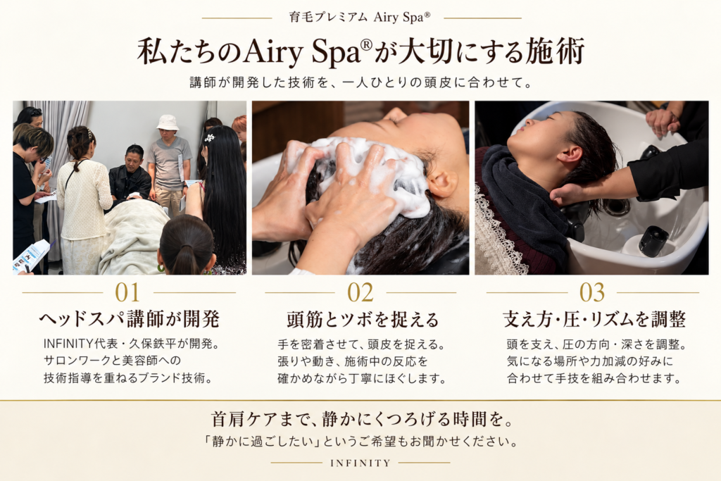 Airy Spa®の技術講習と施術風景。頭筋とツボを捉え、頭の支え方・圧・リズムを一人ひとりに合わせるINFINITYの手技を紹介。