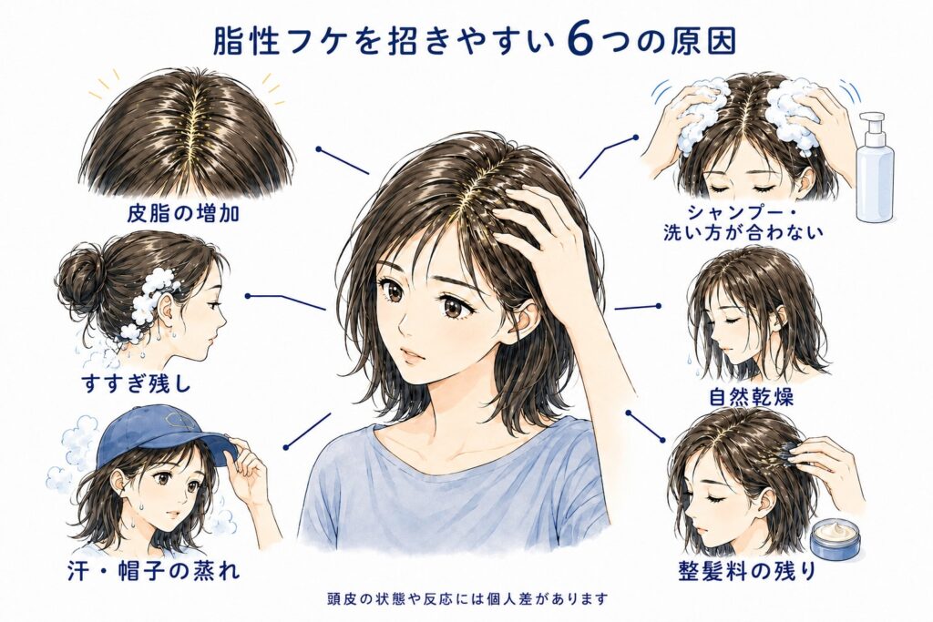 皮脂の増加・合わないシャンプーや洗い方・すすぎ残し・蒸れ・自然乾燥・整髪料の残りによる脂性フケの原因