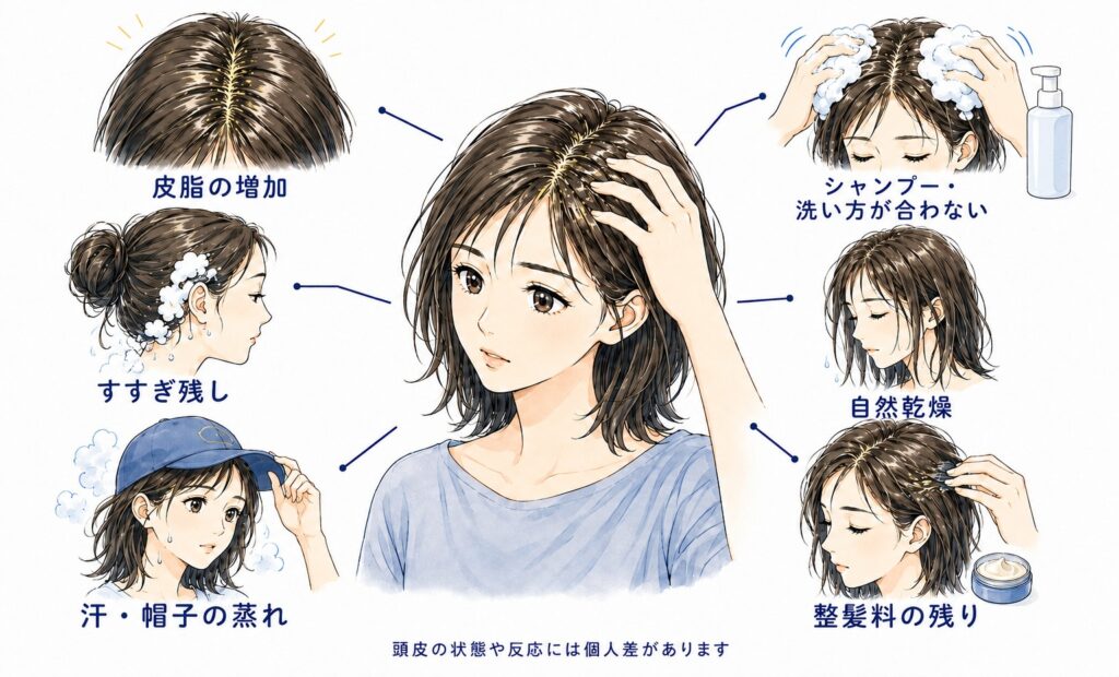 皮脂の増加・合わないシャンプーや洗い方・すすぎ残し・蒸れ・自然乾燥・整髪料の残りによる脂性フケの原因