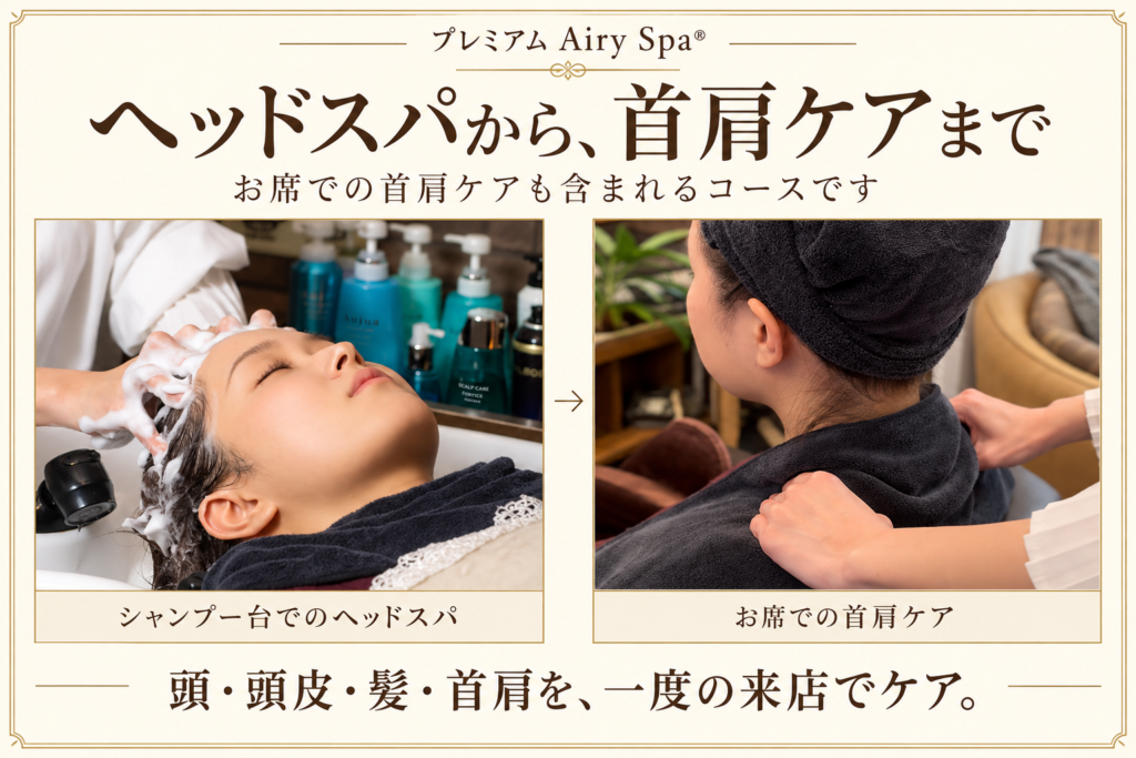 プレミアムAiry Spaに含まれる、シャンプー台でのヘッドスパと、お席での首肩ケアの施術風景。