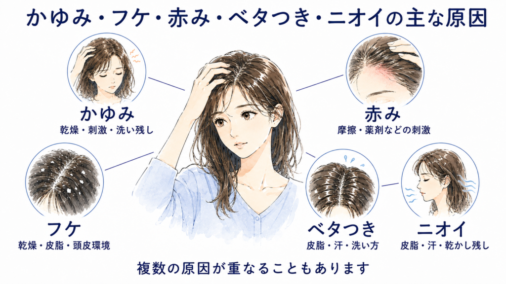 頭皮のかゆみ・フケ・赤み・ベタつき・ニオイに考えられる主な原因をまとめた図