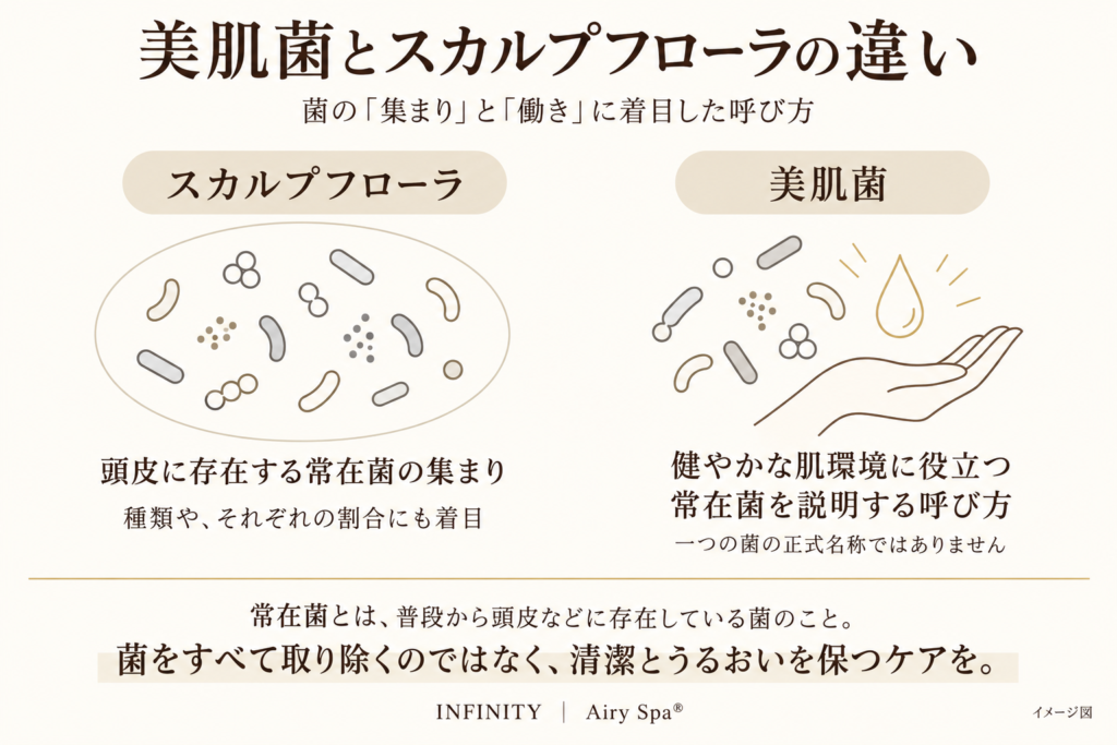 頭皮の常在菌の集まりを指すスカルプフローラと、健やかな肌環境に役立つ常在菌の呼び方である美肌菌の違いを説明する図。