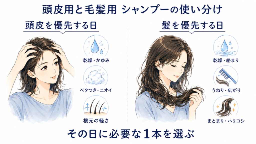 頭皮ケア用と毛髪ケア用の2種類のシャンプーを頭皮と髪の状態に合わせて使い分ける方法