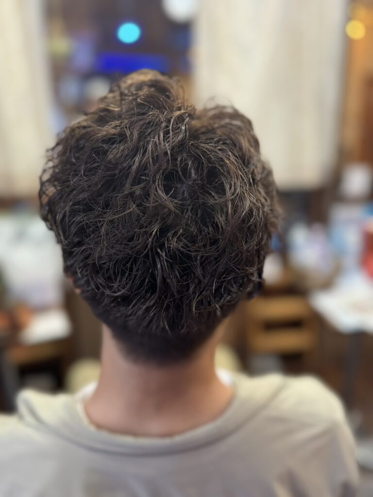メンズパーマ×プレトワグレージュの後ろ姿｜襟足から自然につないだグラデーションと立体的な束感