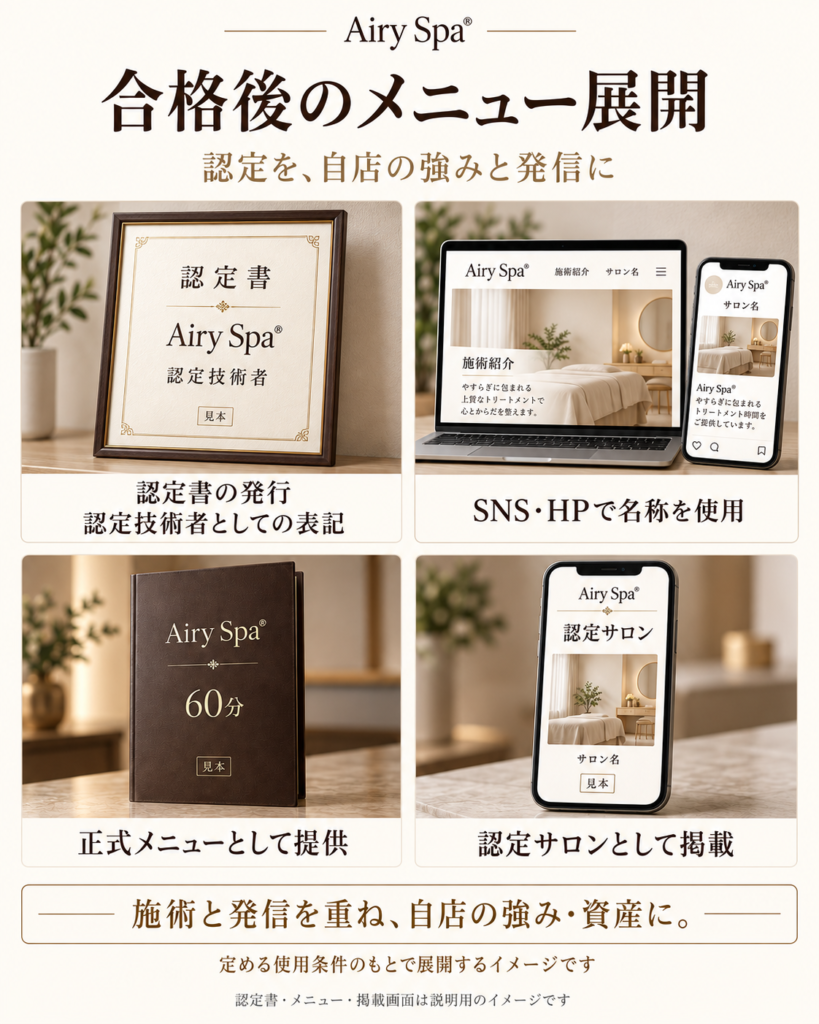 Airy Spaの認定書、SNSとホームページでの名称使用、60分の正式メニュー、認定サロン掲載を通じた展開イメージ