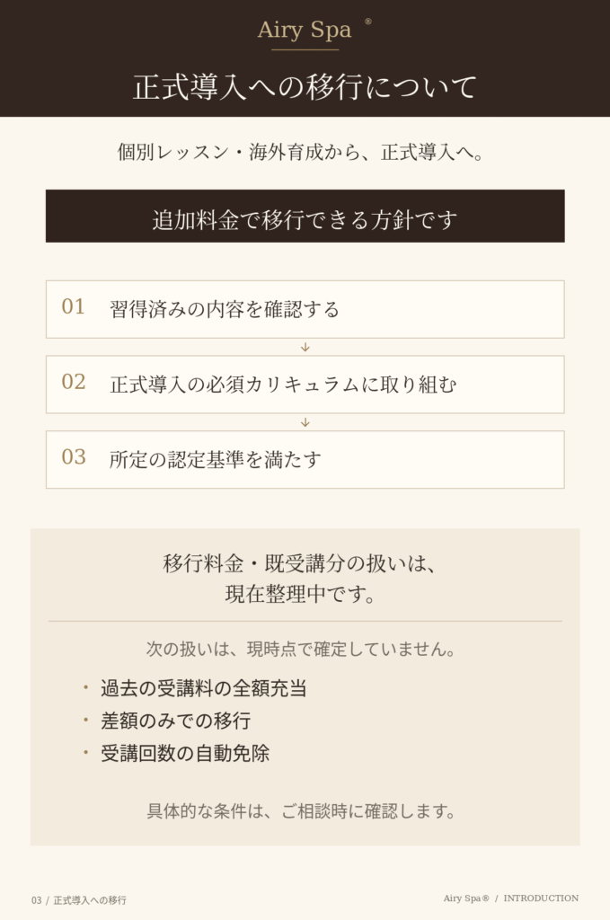 Airy Spa正式導入の対象、練習環境、共通の必須カリキュラムと個別の技術修正について示した図