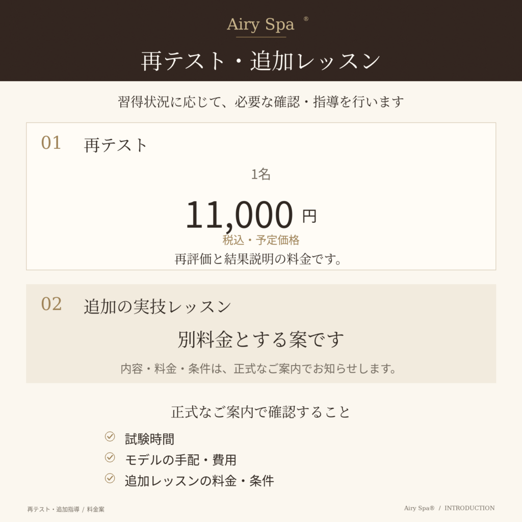 Airy Spaの再テスト予定料金1名税込11,000円、追加実技レッスンを別料金とする案、試験時間やモデルの手配などの確認事項を示す図