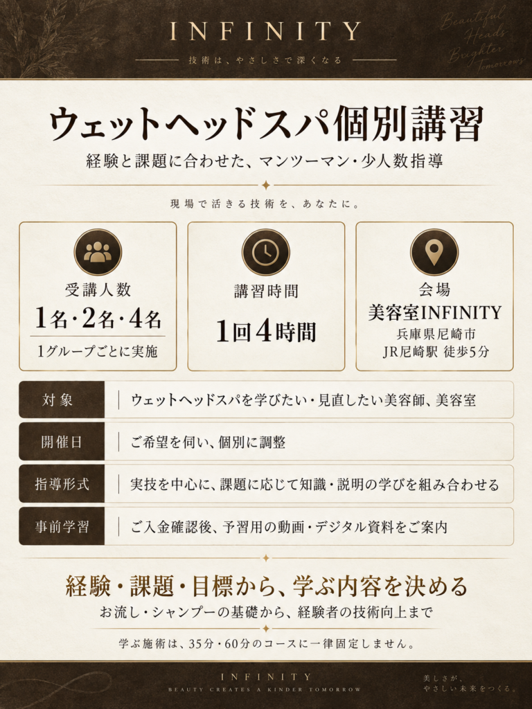 INFINITYの美容師向けウェットヘッドスパ個別講習の概要。1名・2名・4名、1回4時間、JR尼崎駅徒歩5分。経験や課題に合わせた実技指導と事前学習を案内する図。